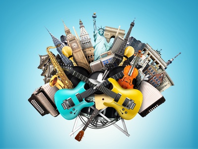 Music collage, musical instruments and world landmarks